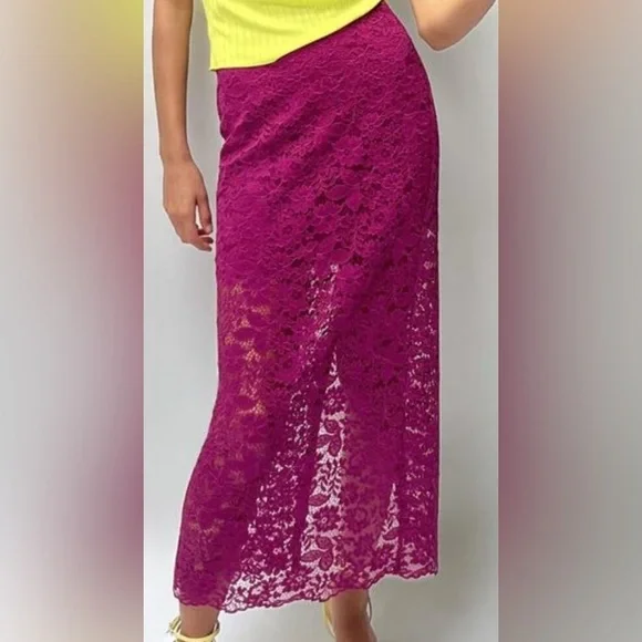 NWT Zara Fuchsia Lace Midi Skirt - Picture 1 of 7